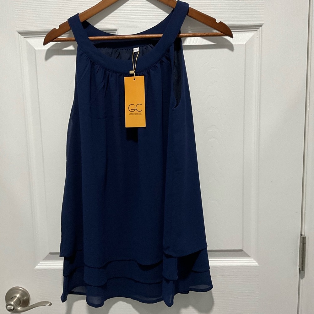 NWT Navy Blue Grecerelle SLeeveless Tiered Top